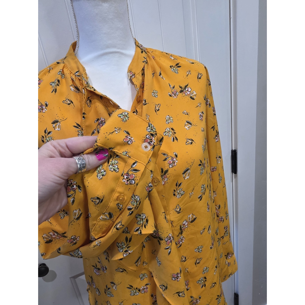 Lauren Ralph Lauren Yellow Floral Ruffle Blouse Button Front Long Sleeve Size S - Picture 9 of 12